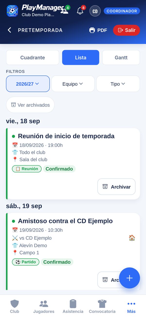 Pretemporada en lista: reunión de inicio de temporada y amistoso, con fecha, lugar y estado