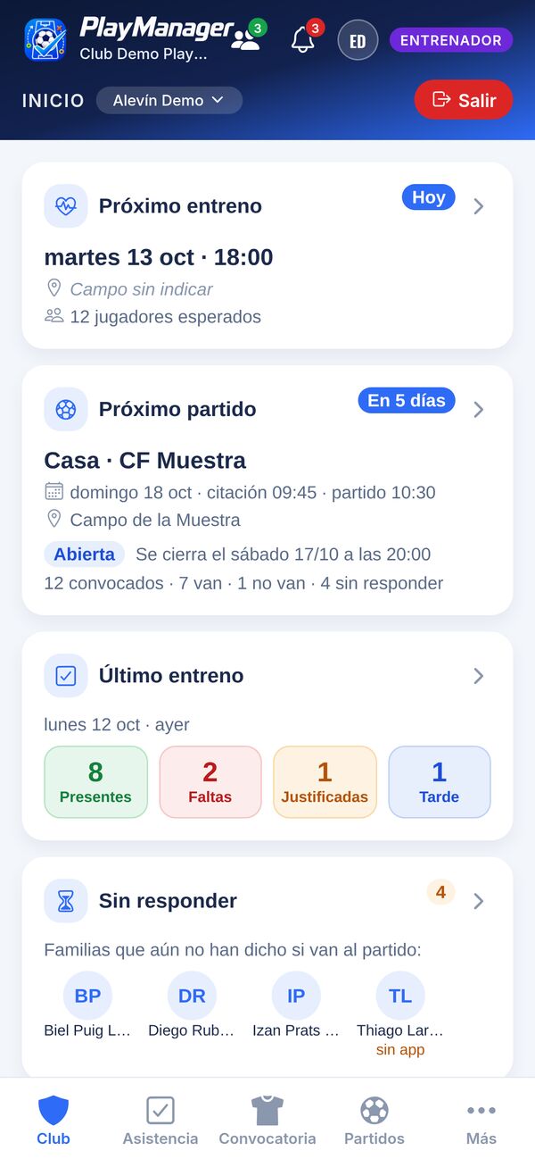 Inicio del entrenador: próximo entreno, próximo partido con 7 jugadores que van, resumen del último entreno y familias sin responder