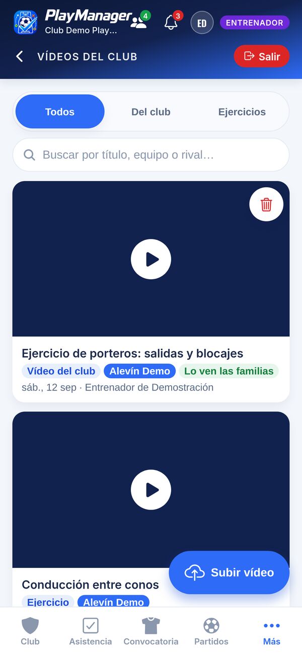 Vídeos de ejercicios del club con la etiqueta de quién puede verlos